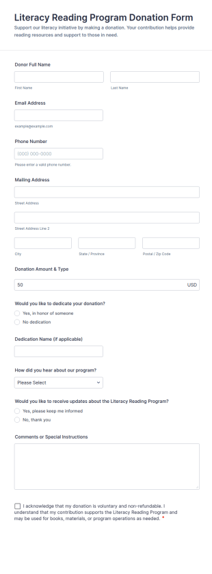 Literacy Reading Program Donation Form Template