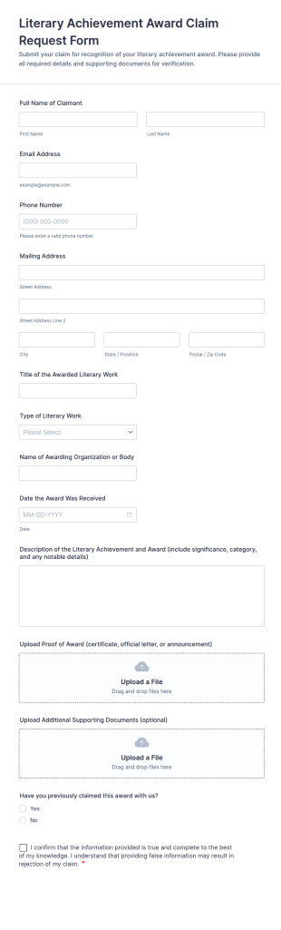 Literary Achievement Award Claim Request Form Template