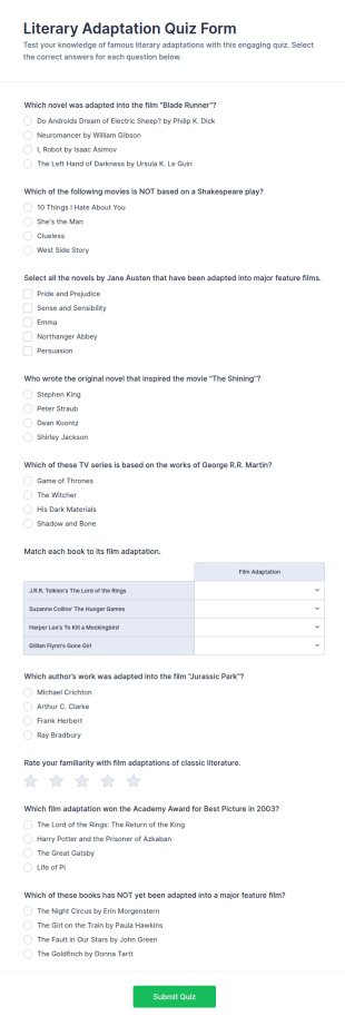 Literary Adaptation Quiz Form Template