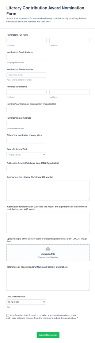 Literary Contribution Award Nomination Form Template