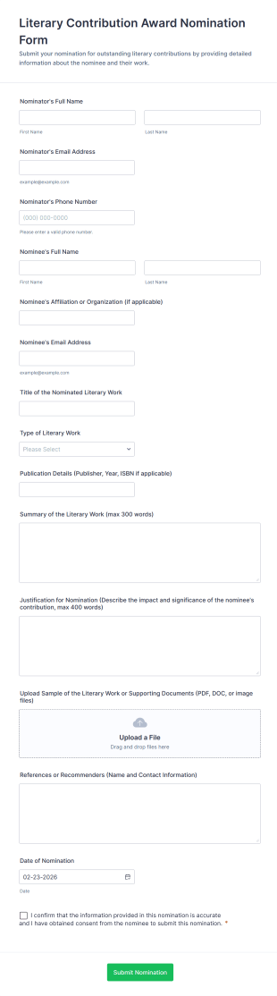 Literary Contribution Award Nomination Form Template