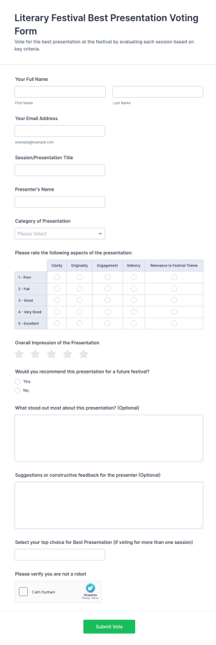 Literary Festival Best Presentation Voting Form Template