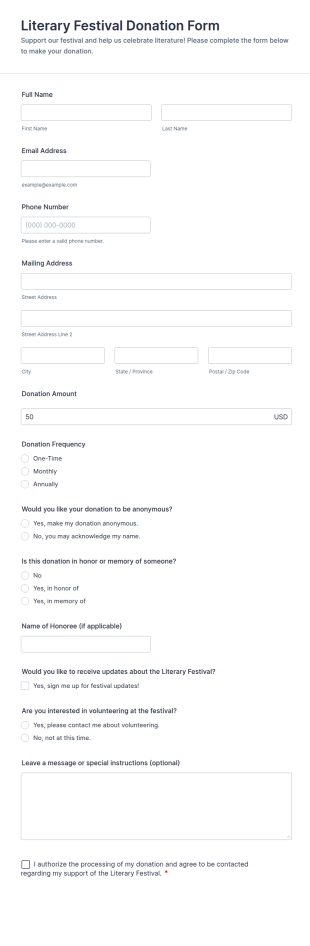 Literary Festival Donation Form Template