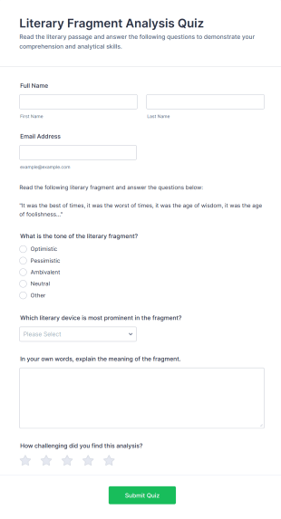 Literary Fragment Analysis Quiz Form Template