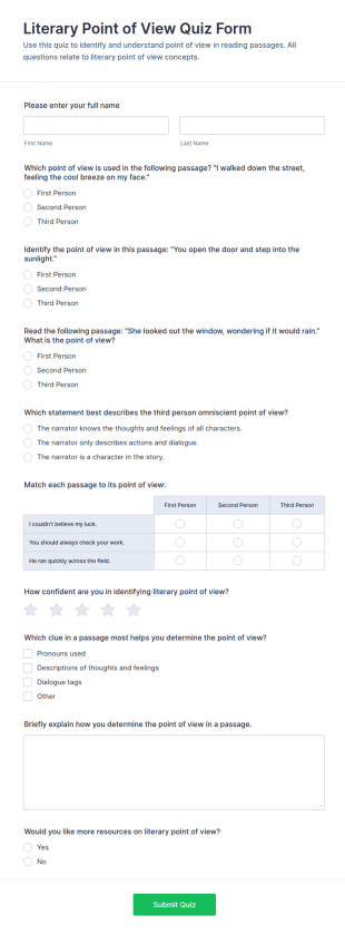 Literary Point Of View Quiz Form Template