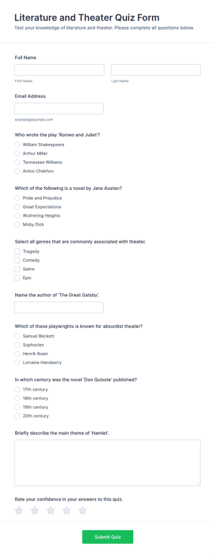 Literature And Theater Quiz Form Template