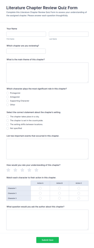Literature Chapter Review Quiz Form Template
