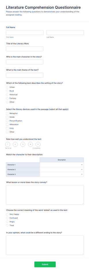 Literature Comprehension Questionnaire Form Template