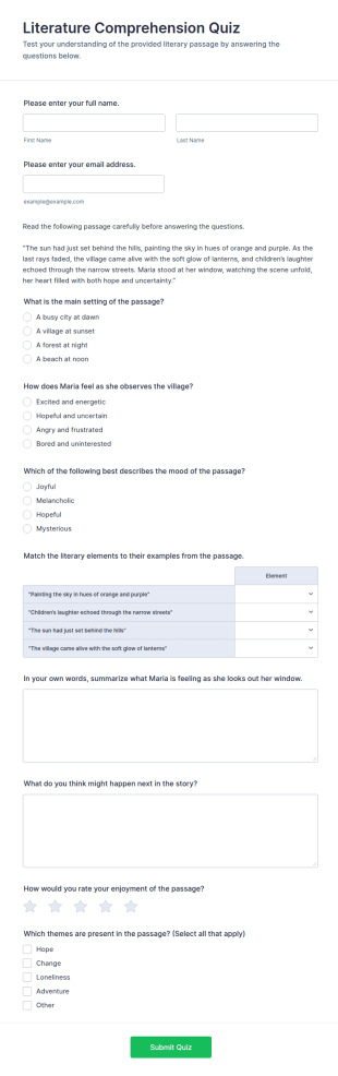 Literature Comprehension Quiz Form Template