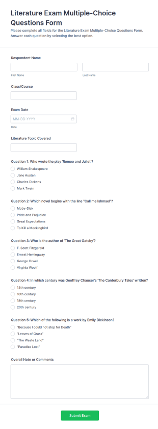Literature Exam Multiple Choice Questions Form Template