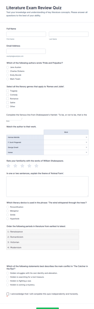 Literature Exam Review Quiz Form Template