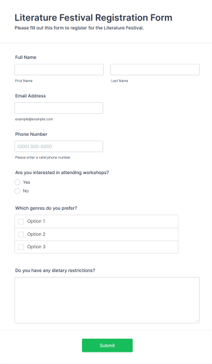 Literature Festival Registration Form Template
