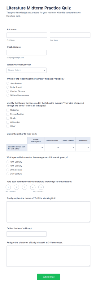 Literature Midterm Practice Quiz Form Template