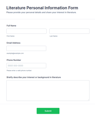 Literature Personal Information Form Template