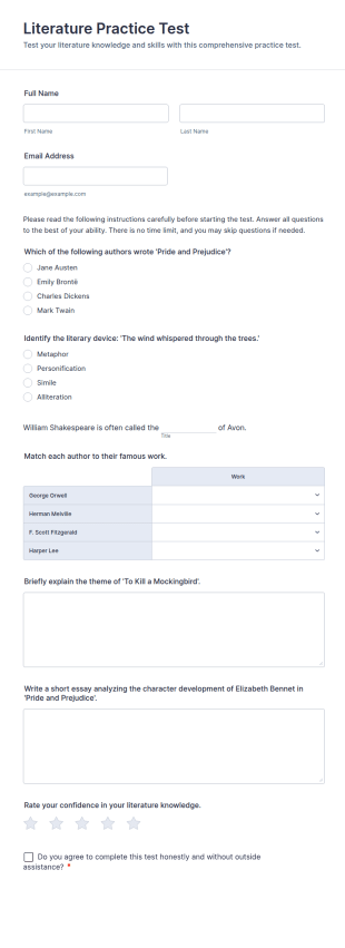 Literature Practice Test Form Template