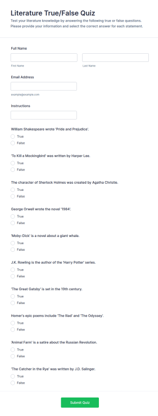 Literature True/False Quiz Form Template