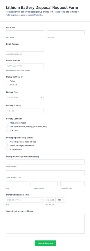 Lithium Battery Disposal Request Form Template