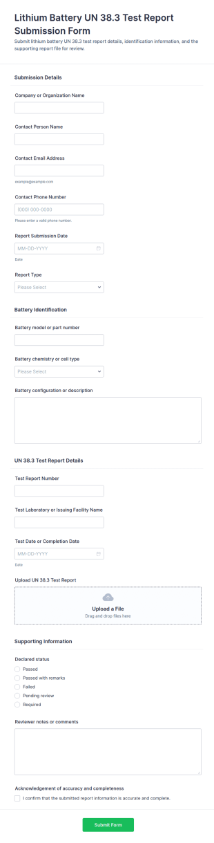 Lithium Battery UN 38.3 Test Report Submission Form Template