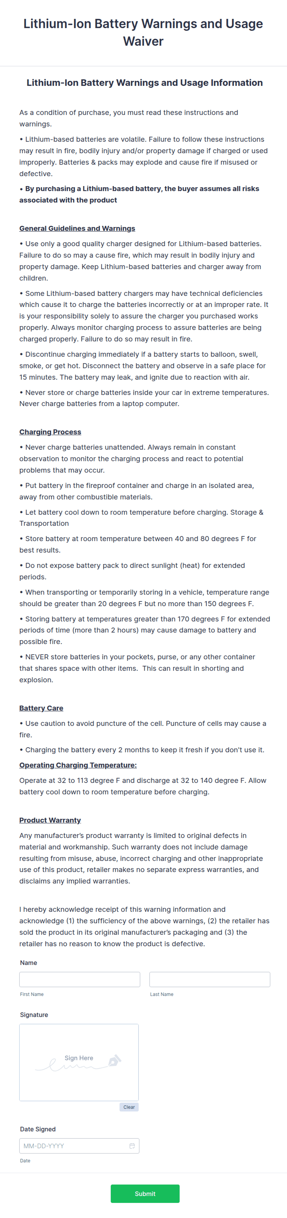 Lithium-Ion Battery Warnings and Usage Waiver Form Template | Jotform