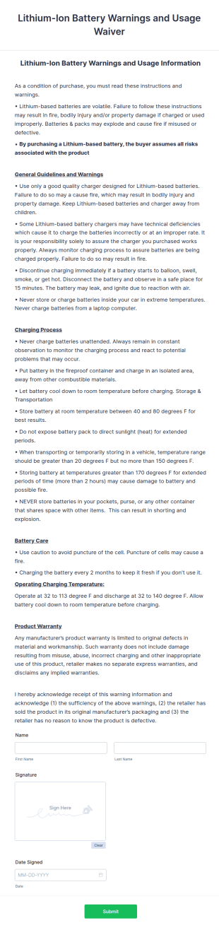 Lithium Ion Battery Warnings And Usage Waiver Form Template