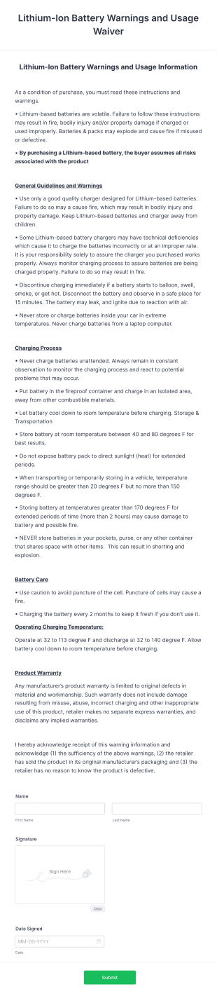 Lithium Ion Battery Warnings And Usage Waiver Form Template