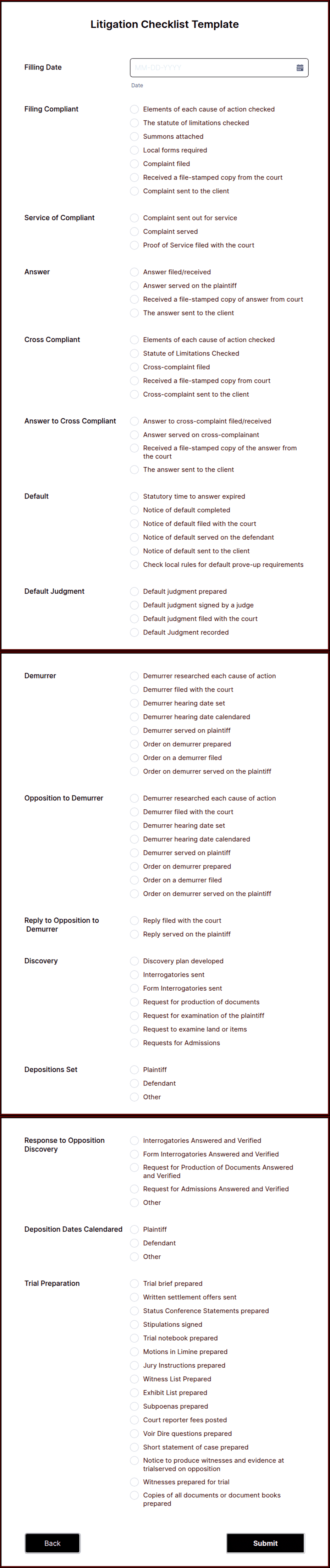 Litigation Checklist Template | Jotform