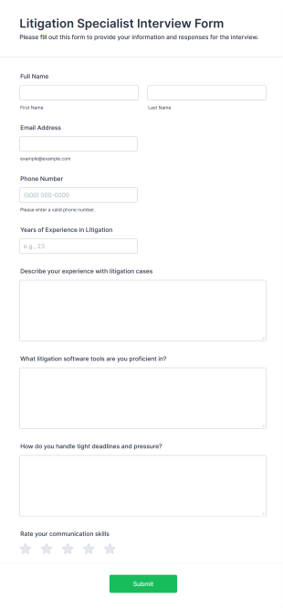 Litigation Specialist Interview Form Template