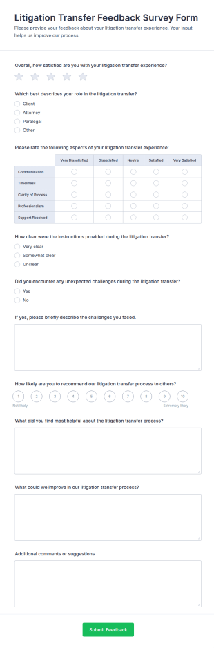 Litigation Transfer Feedback Survey Form Template