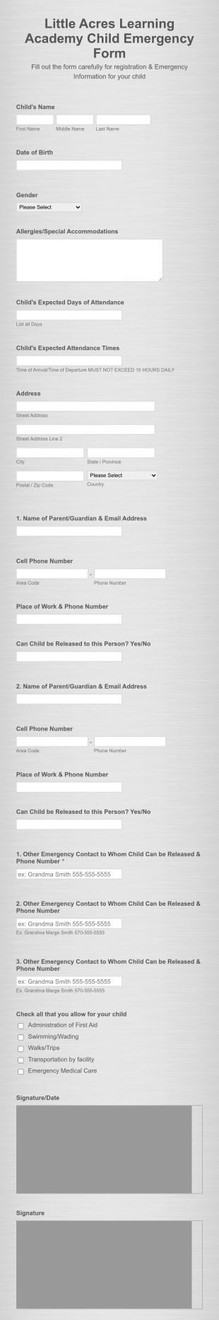 Little Acres Learning Academy Emergency Form Template