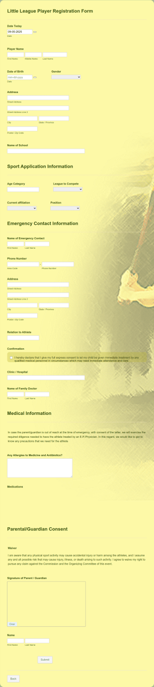 Little League Player Registration Form Template