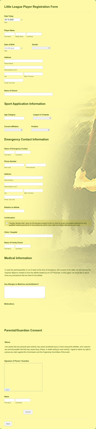 Little League Player Registration Form Template
