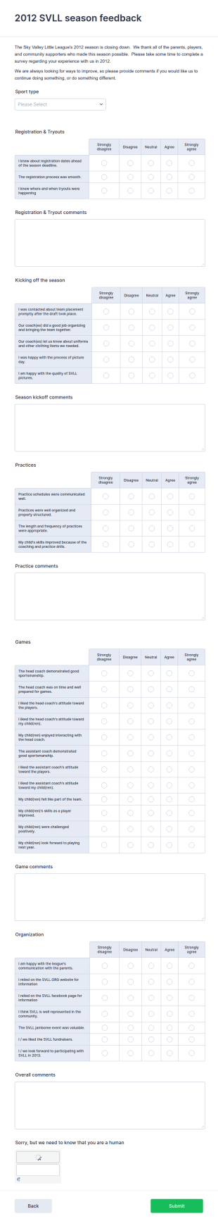 Little League Season Feedback Form Template