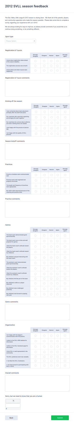 Little League Season Feedback Form Template