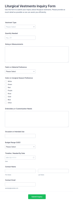 Liturgical Vestments Inquiry Form Template