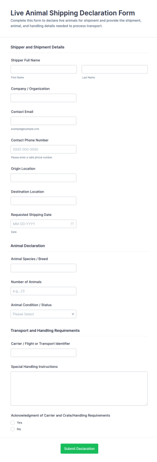 Live Animal Shipping Declaration Form Template