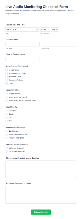Live Audio Monitoring Checklist Form Template