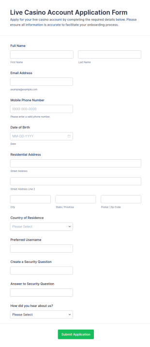 Live Casino Account Application Form Template