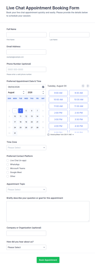 Live Chat Appointment Booking Form Template