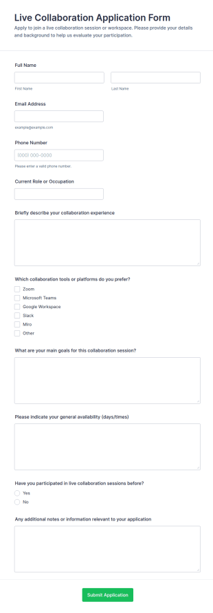 Live Collaboration Application Form Template