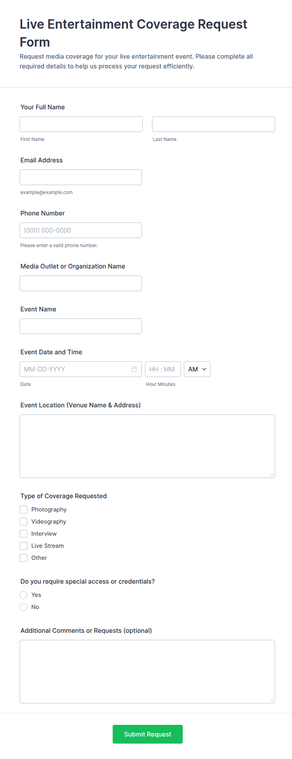 Live Entertainment Coverage Request Form Template | Jotform