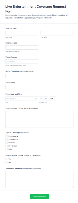 Live Entertainment Coverage Request Form Template