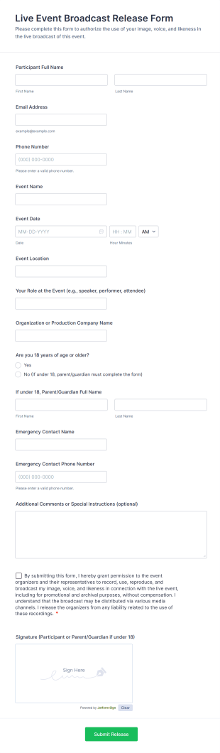 Live Event Broadcast Release Form Template