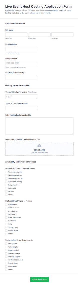 Live Event Host Casting Application Form Template