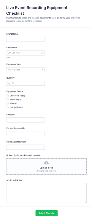 Live Event Recording Equipment Checklist Form Template