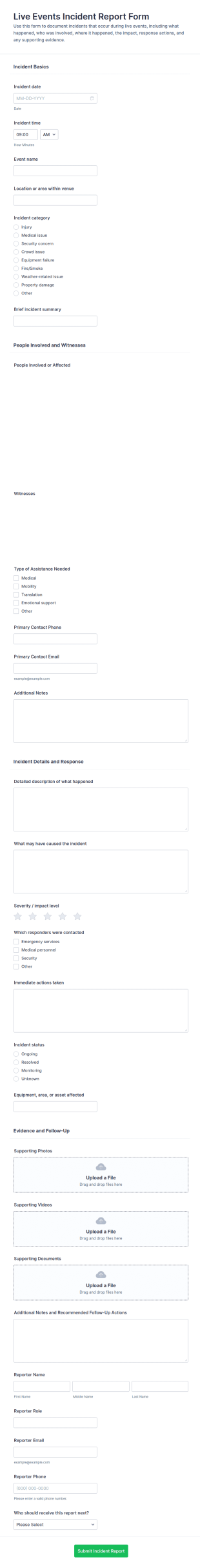 Live Events Incident Report Form Template