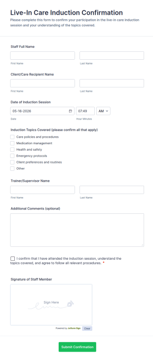 Live In Care Induction Confirmation Form Template