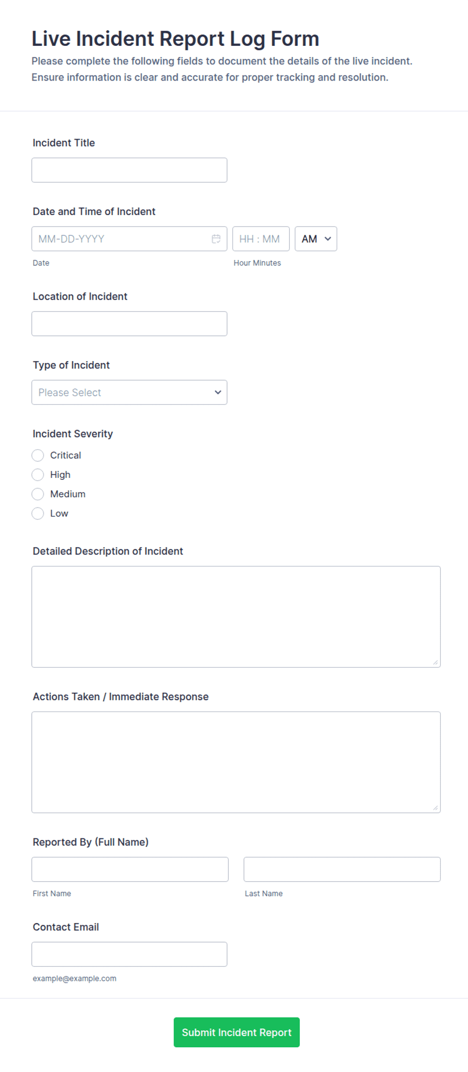Mircrosoft Forms Report Examples Live Incident Report Log Form Template | Jotform