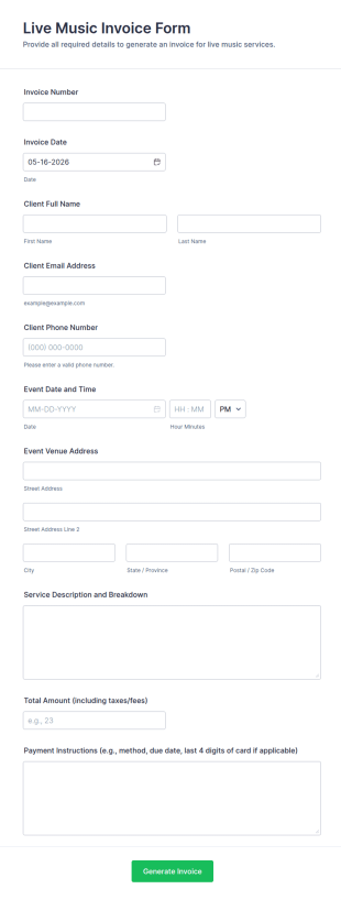 Live Music Invoice Form Template