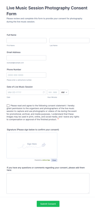 Live Music Session Photography Consent Form Template