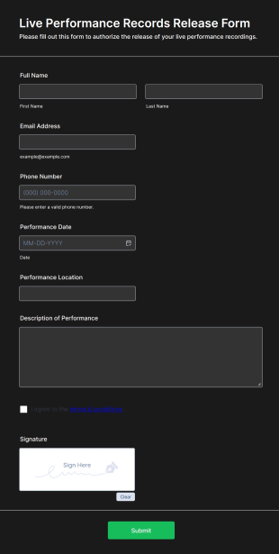 Live Performance Records Release Form Form Template